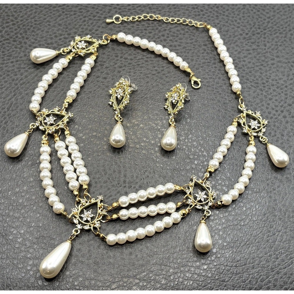 Festoon Style Faux Pearl Rhinestone Necklace Drop Earrings Set Bridal Statement